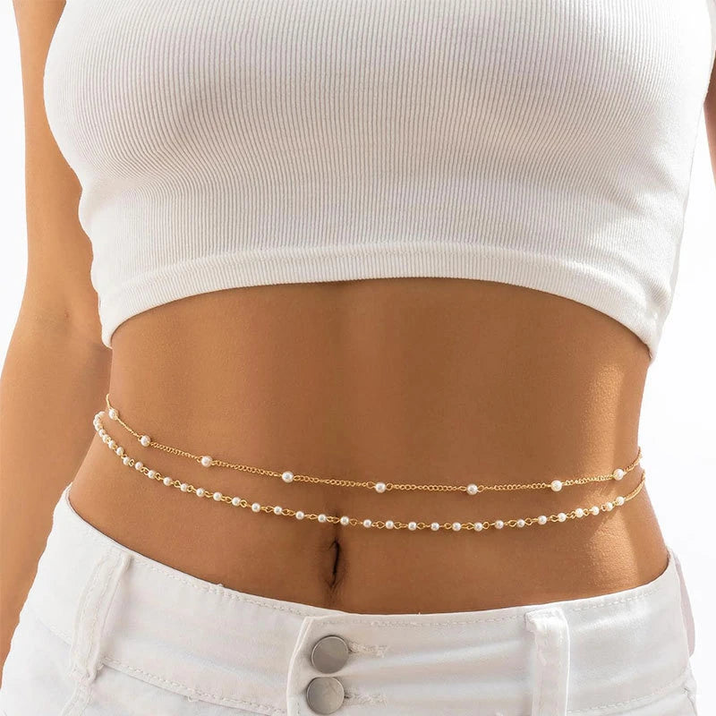 Pearl Chain Belly Chain Double Layer — White | KIMLUD