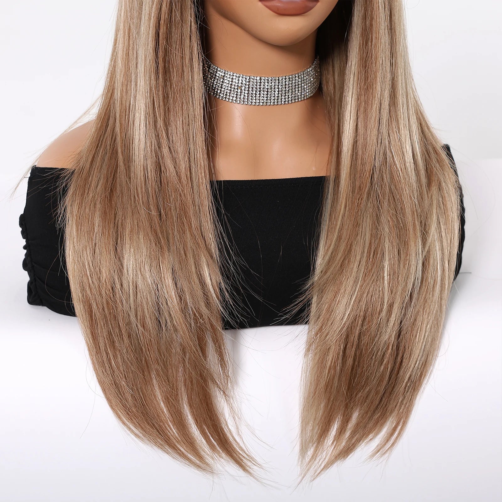 ALAN EATON Chestnut Brown Synthetic Wig with Bangs Long Straight Wig Natural Layered Hair Smooth Soft Daily Wig Heat Resistant
