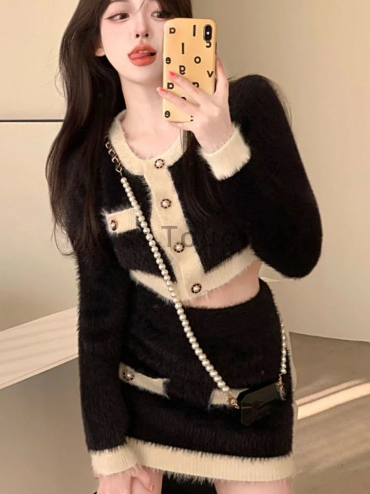 KIMLUD, Winter Fluffy Knit 2 Piece Set Women Patchwork French Vintage Mini Skirt Suit Female Korean Fashion Elegant Office Lady Set 2024, KIMLUD Womens Clothes