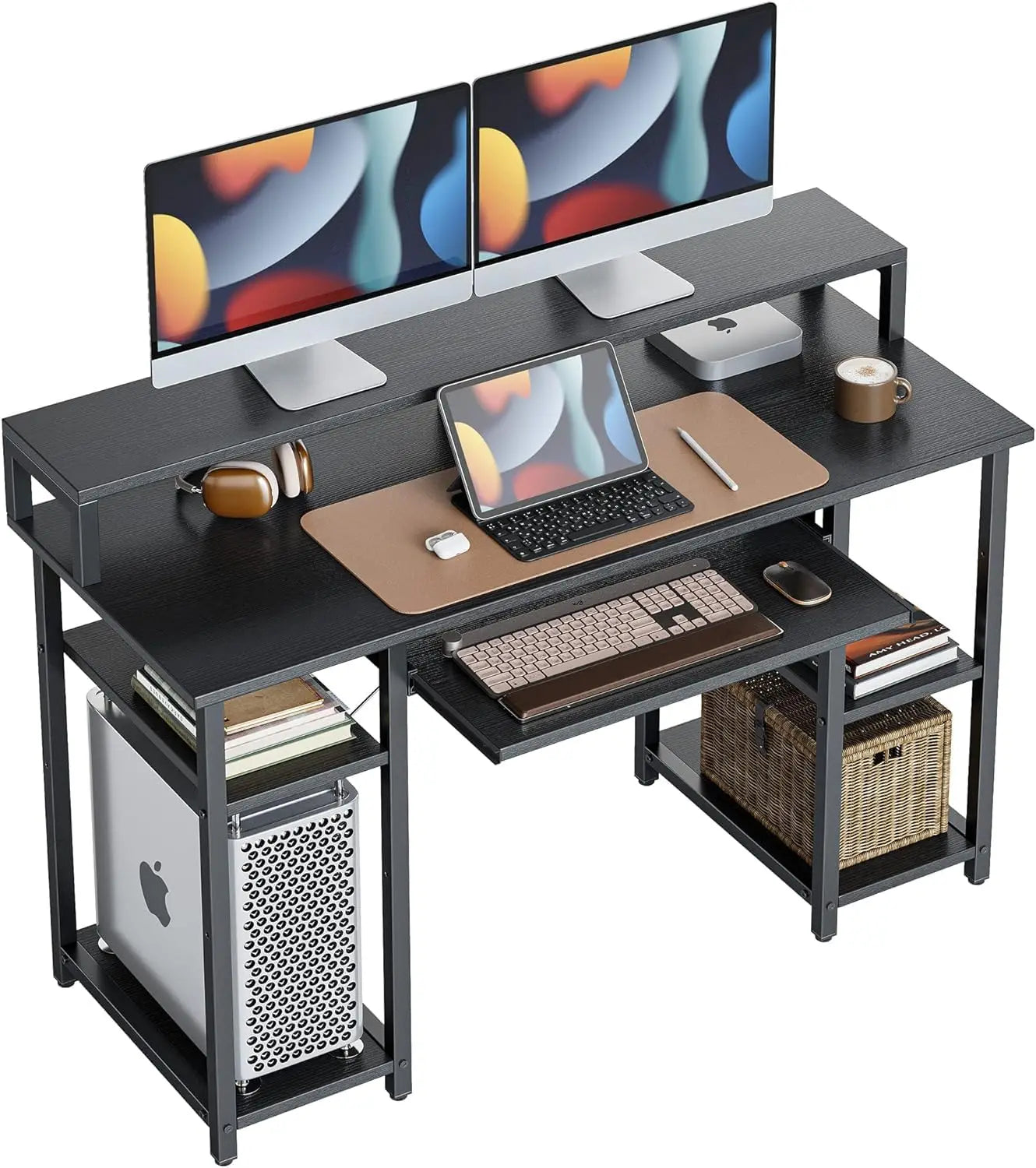 CubiCubi Computer Desk with Keyboard Tray 47 Inch Office Desk with Monitor Stand Storage Shelves Music Studio Desk Workstation