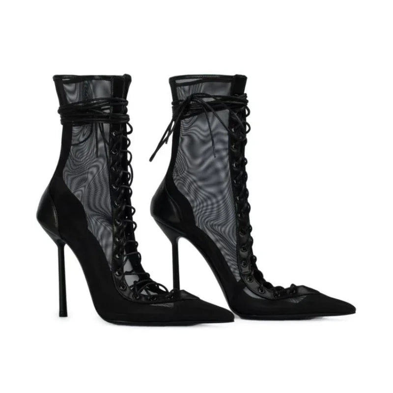 Mesh Leopard Cross Tie Knee-High Boots — Gray | KIMLUD