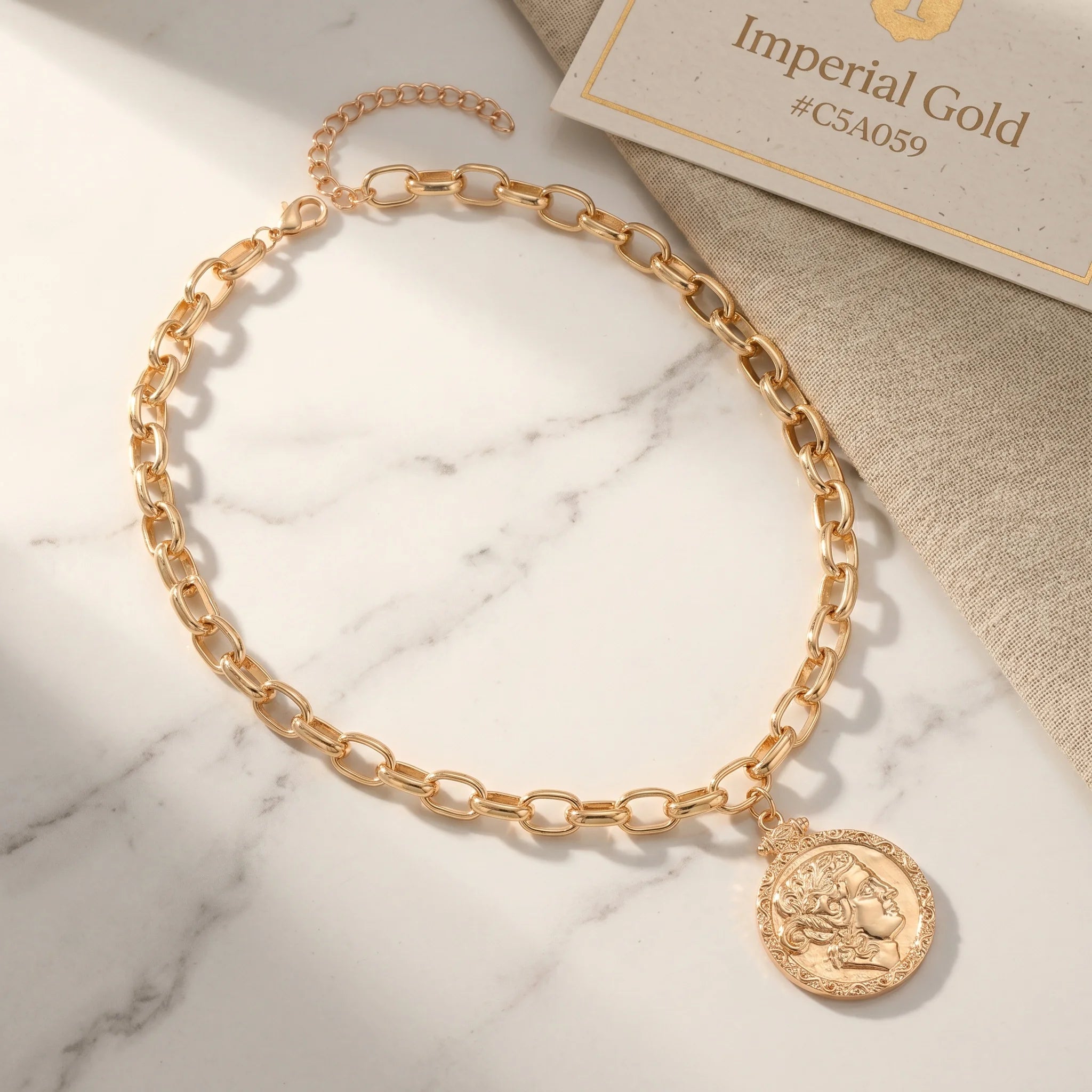 Gold Tone Coin Pendant Necklace - Gold Tone | KIMLUD