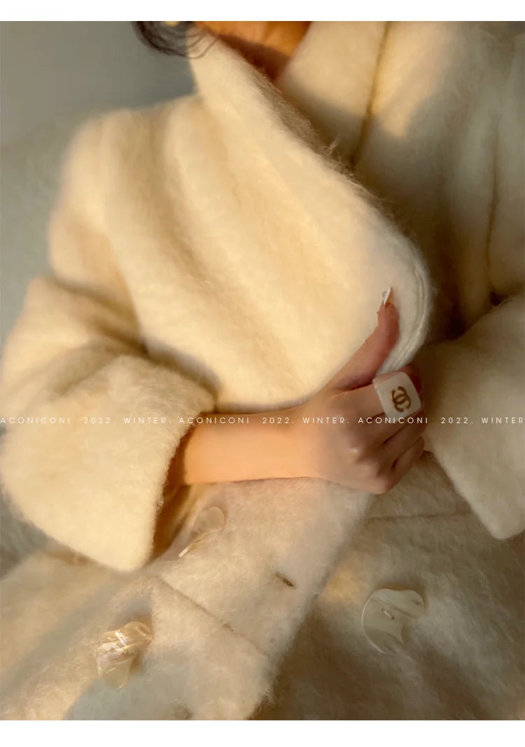 Coat – Double Breasted Long – Wool Blends – White | KIMLUD