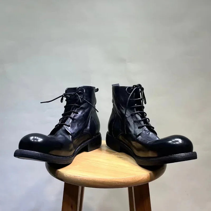 Washed Men's High Top Retro Leather Thick Soled High Rise Short Leather Boots GoodyearHorse Leather Shoes Worn