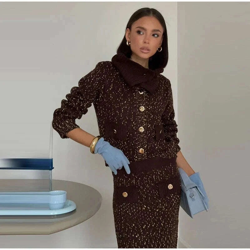 Fashion Knitted Long Skirts Sets Women Lapel Full Sleeve Single Breasted Sweater Hip Package Slim Skirt 2026 Spring Lady Outfits