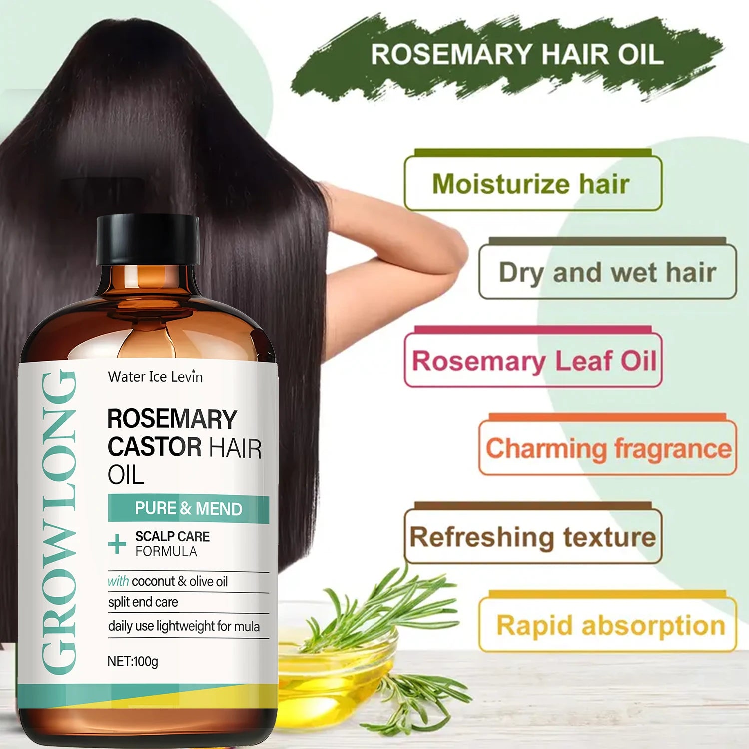 Rosemary-Infused Castor Hair Oil For Scalp Care And Split Ends — Clear | KIMLUD