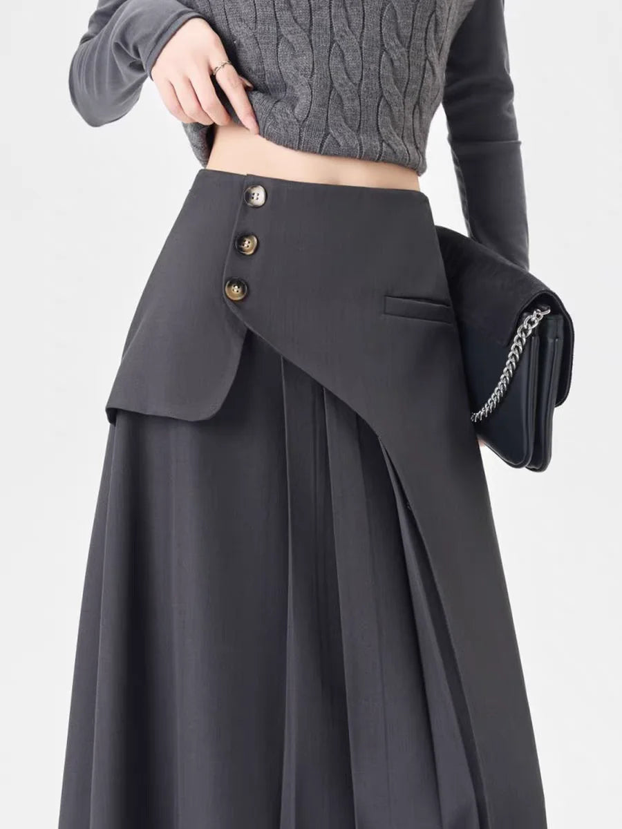 Grey Suiting Midi Skirts for Women High-Waisted A-Line Flare Skirt Perfect Hip-Camouflage Office Skirt for Autumn
