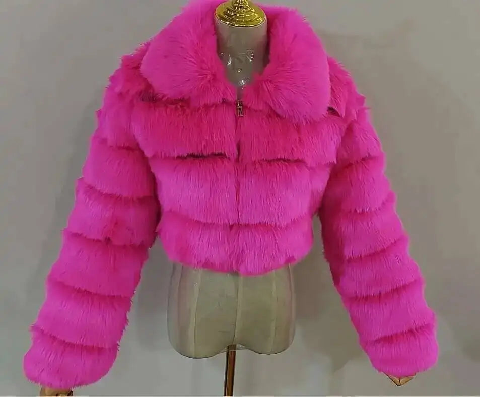 DEAT Fashion Women's Faux Fur Coat Lapel Zipper Long Sleeves Loose Thick Imitation  Fur Short Jacket Winter New 7AB6103