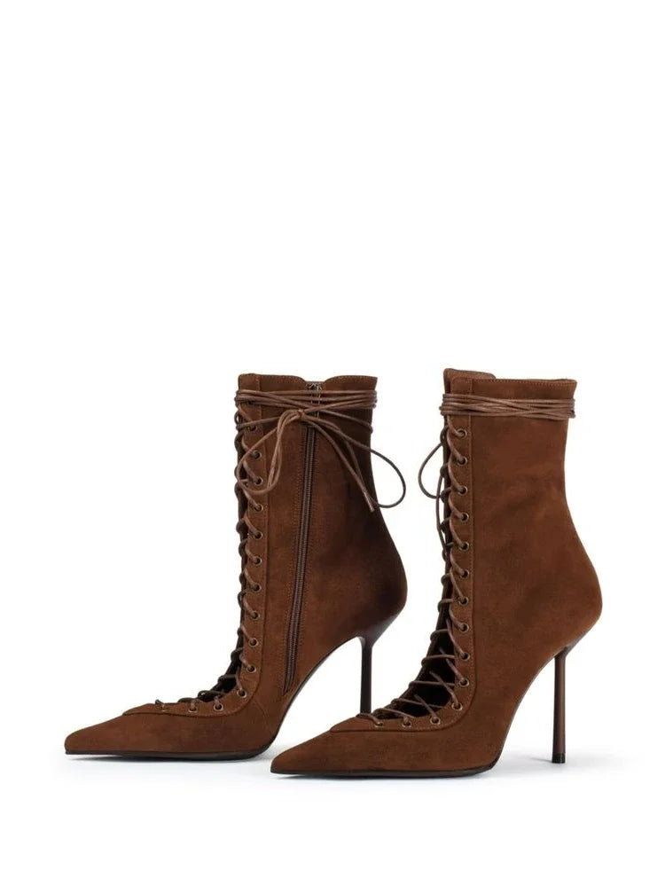 Mesh Leopard Cross Tie Knee-High Boots — Gray | KIMLUD