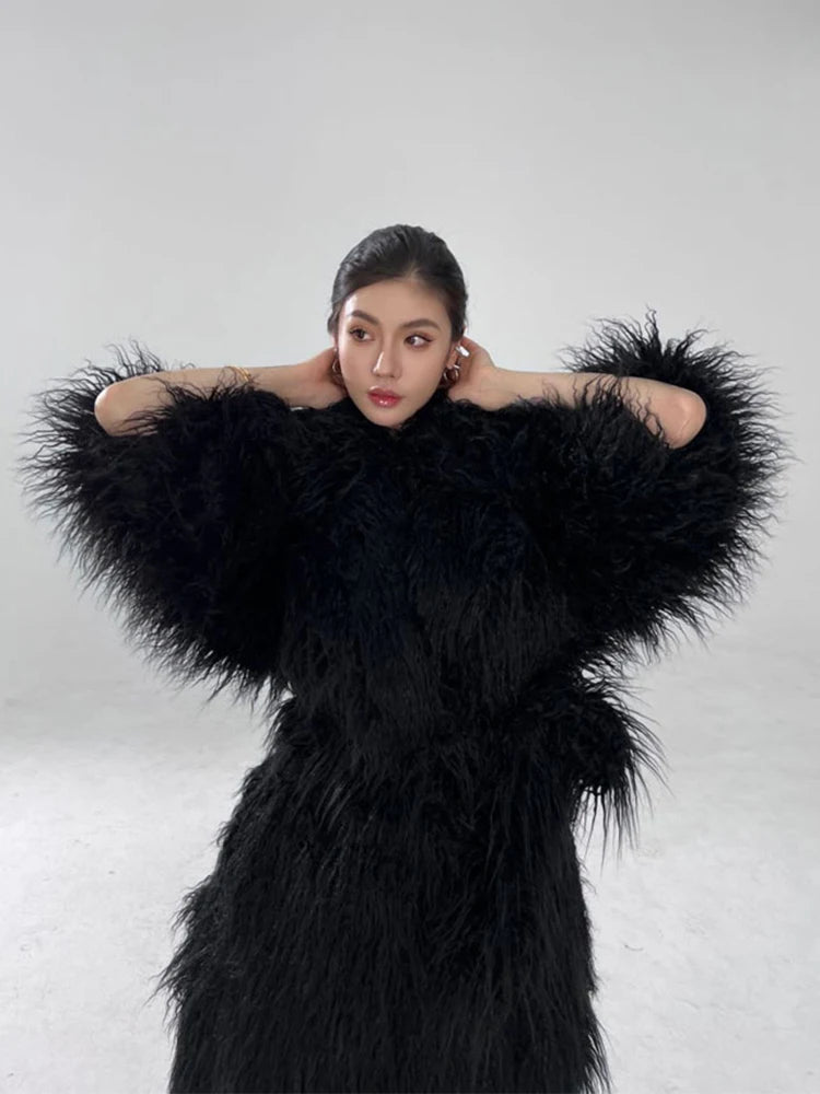 Lautaro Winter Long Black Hairy Shaggy Thick Warm Soft Fluffy Faux Fur Coat Women Sashes Luxury Designer Overcoat Runway Fashion