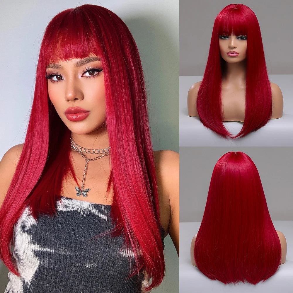 ALAN EATON Chestnut Brown Synthetic Wig with Bangs Long Straight Wig Natural Layered Hair Smooth Soft Daily Wig Heat Resistant