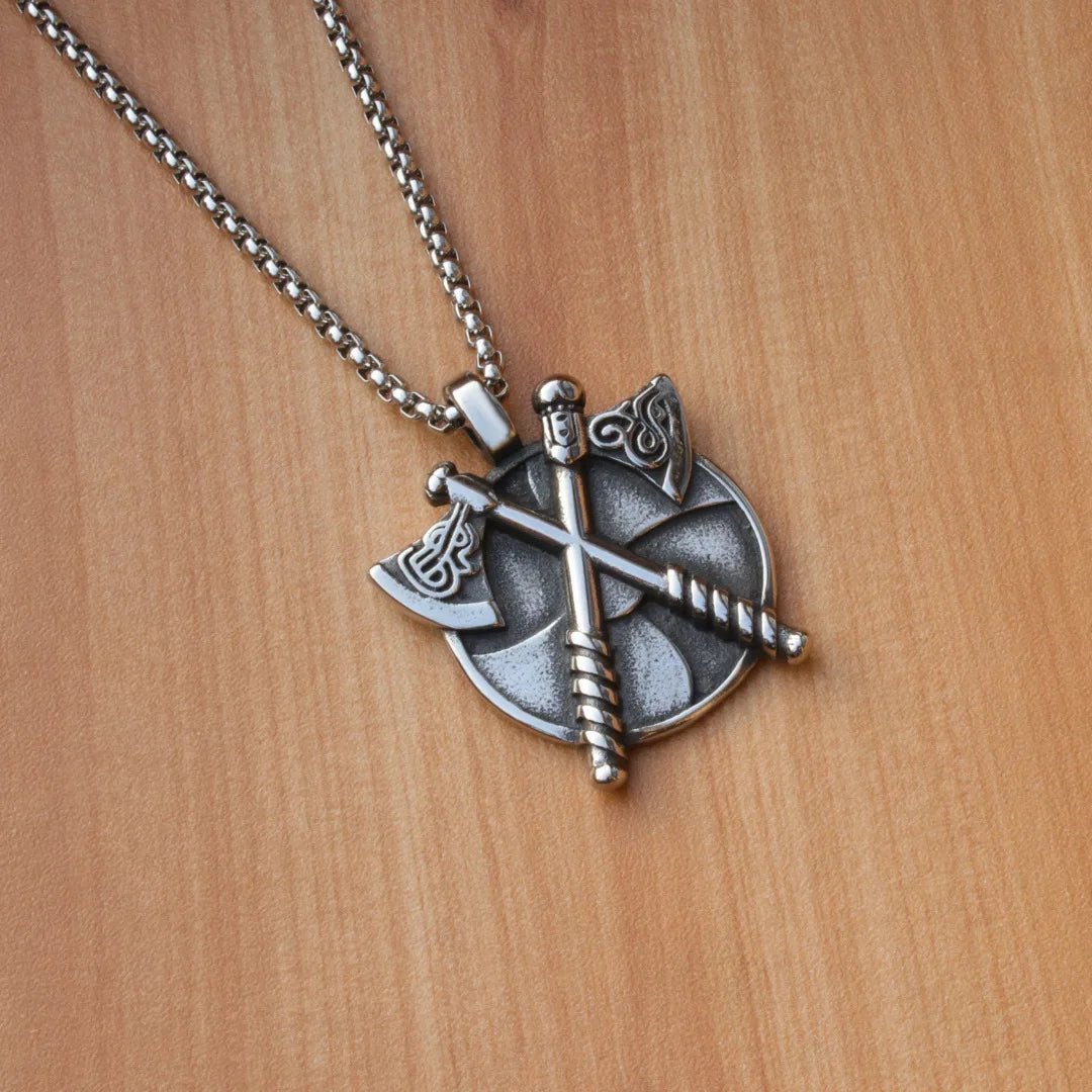 Retro Viking Double Axe Pendant Necklace For Women Men Silver Color Stainless Steel Box Chain Hip Hop Rock Neck Jewelry Gifts