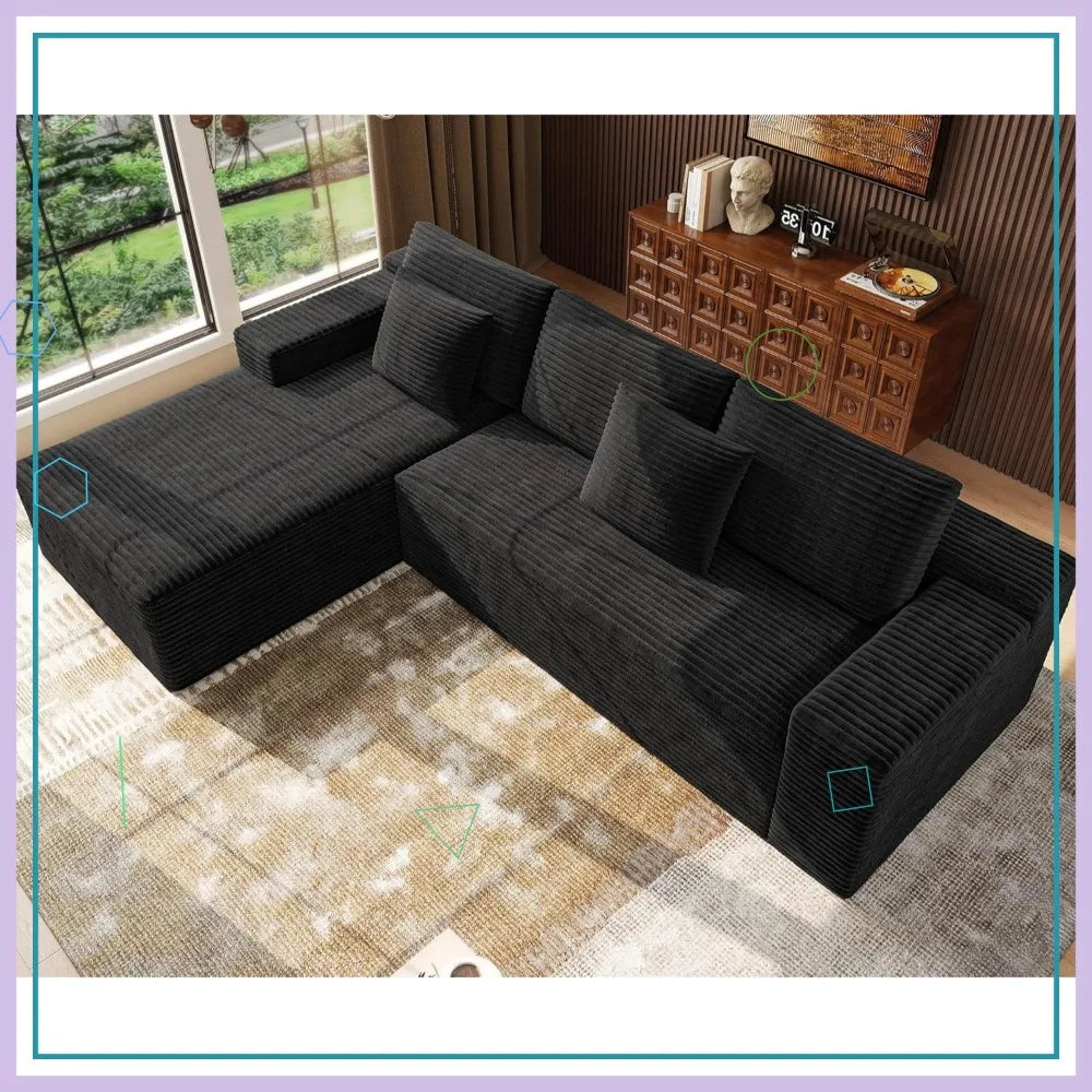 Corduroy Modular Sectional Sofa With Chaise — Deep Black | KIMLUD