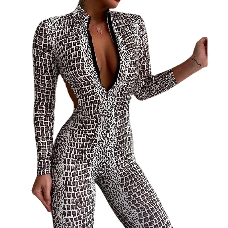 Jumpsuit – Snakeskin Print Backless – Polyester | KIMLUD