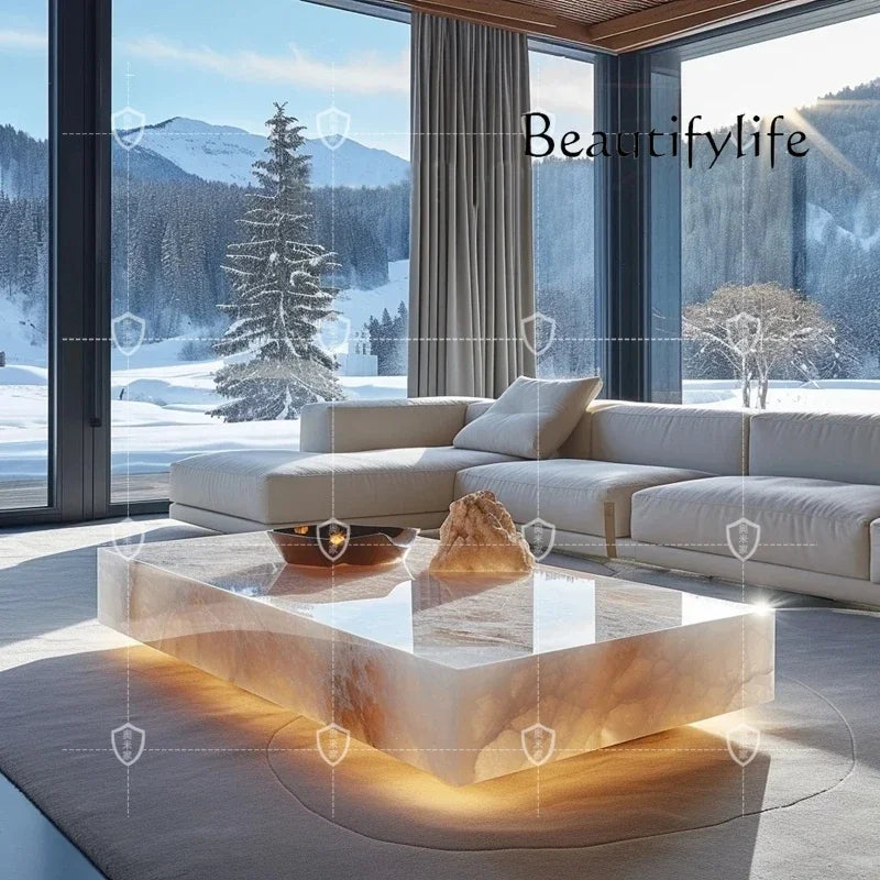 Marble Jade Sapphire Modern Stone Coffee Table Minimalist — Stone | KIMLUD