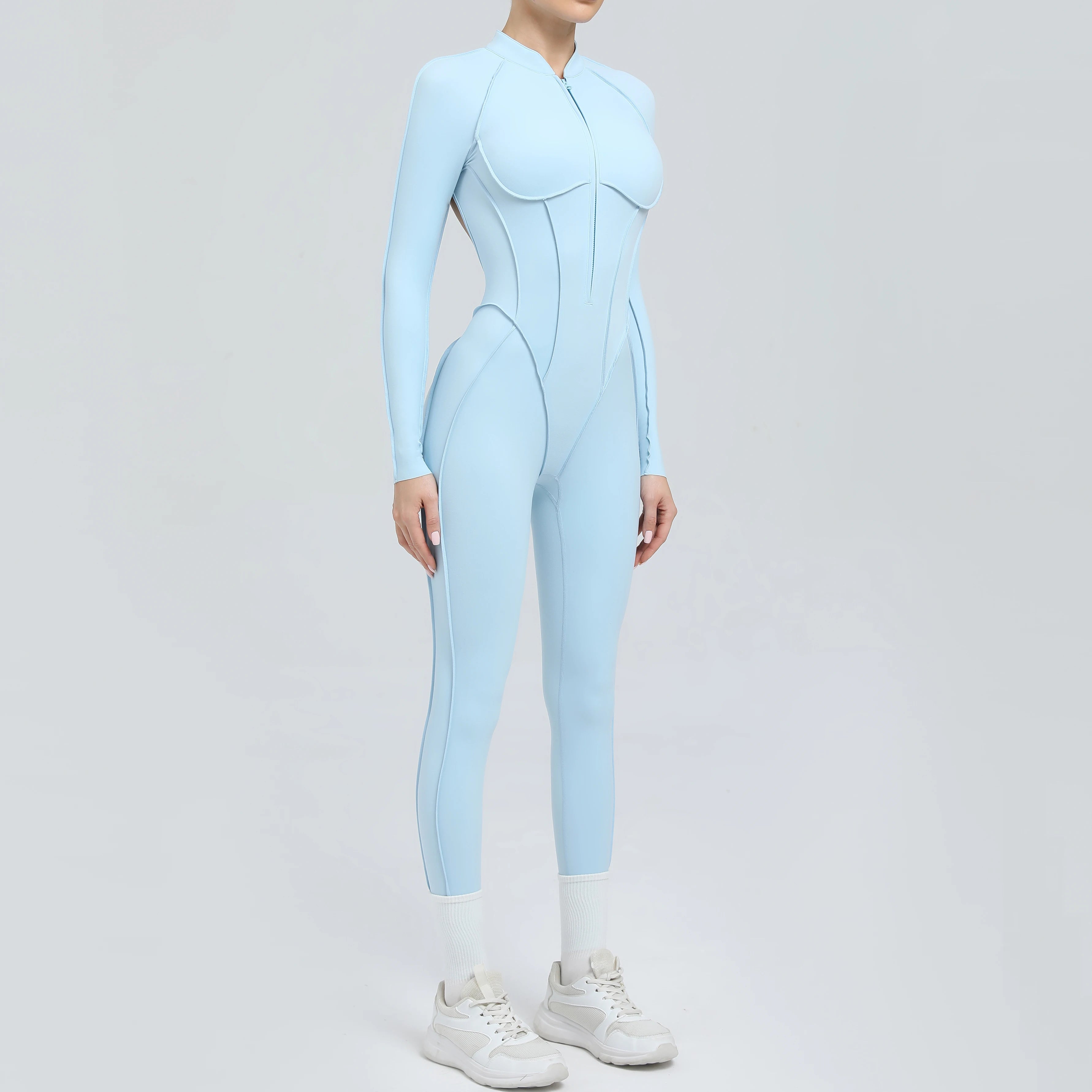 Padded Women Long Sleeve Sport Yoga Jumpsuit Workout Clothes for Women Sportwear Backless Zipper Fitness Gym Outfit