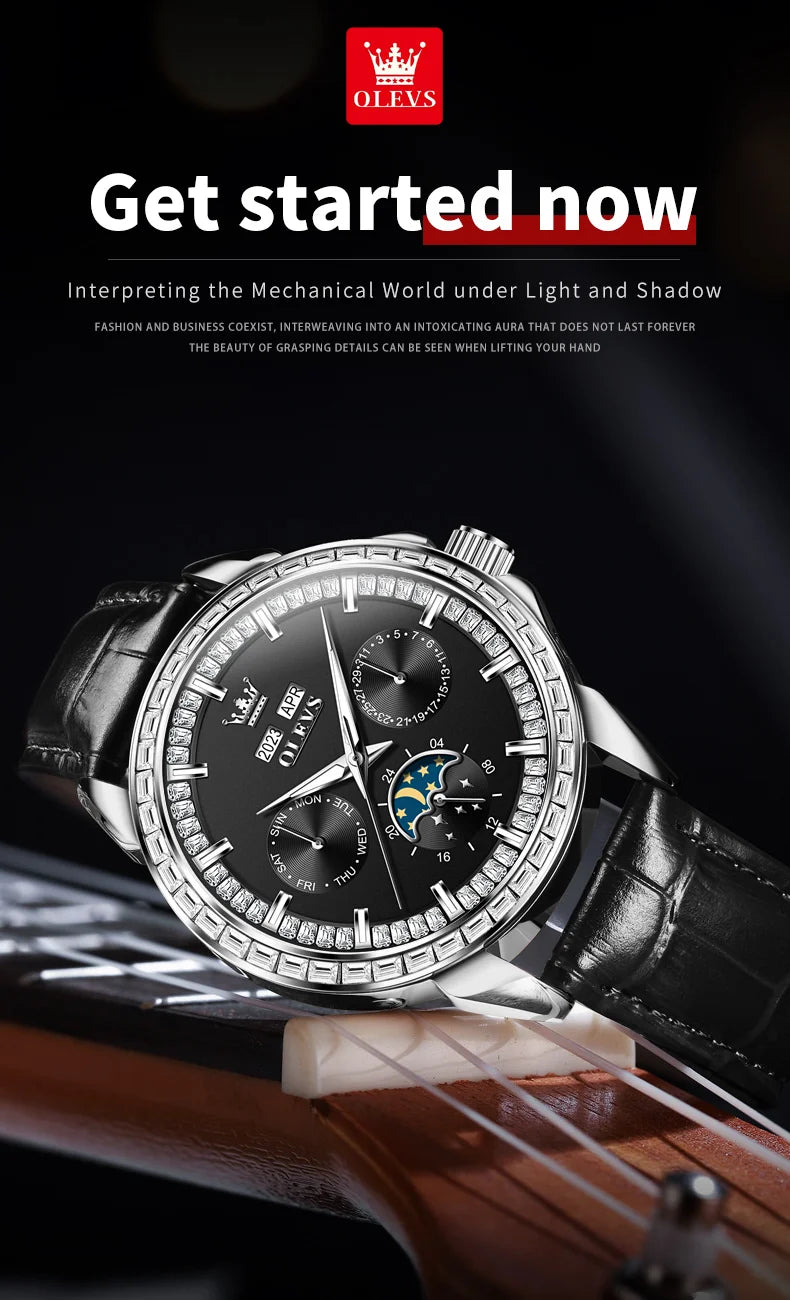Moon Phase Leather Luxury Watch Diamond Bezel With Automatic Movement 41mm Case — Blue | KIMLUD