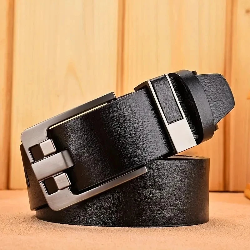 Matte PU Leather Belt Refined Grain Buckle Metal Hardware 3.8cm Width — Black | KIMLUD