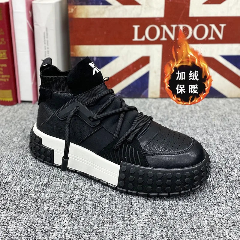 High Top Sneaker Men Designer Winter Plush Warm Snow Boots Fashion Casual Leather Upper Height Increased Flat Platform Shoes