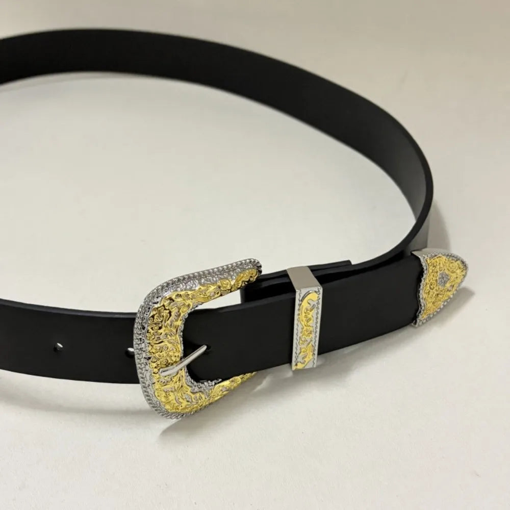PU Leather Belt With Antique Gold Engraved Buckle — Black | KIMLUD