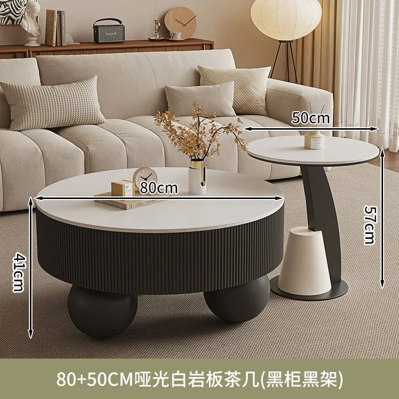 Minimalist Round Coffee Table With Storage Drawers — Ivory White | KIMLUD