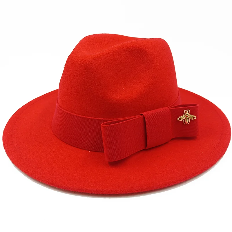 Low price wholesale Fedora hats Winter jazz monochrome bow elastic band men and women red jazz hats Fedora hats sombrero hombre - KIMLUD