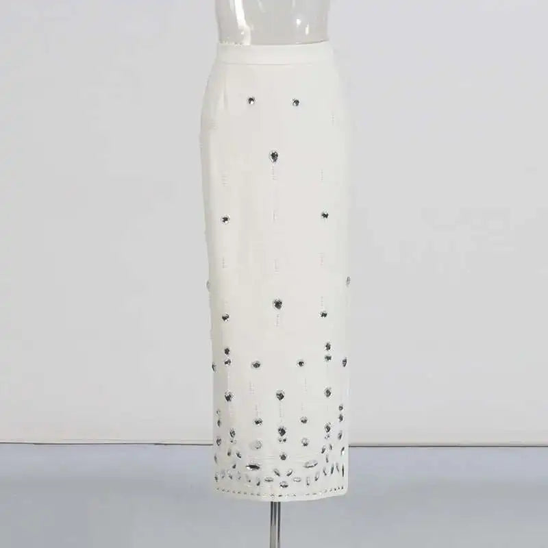 KIMLUD, TWOTWINSTYLE Solid Spliced Diamonds Two Piece Set For Women Stand Collar Long Sleeve Tops High Waist A Line Skirt Set Female New, KIMLUD Womens Clothes