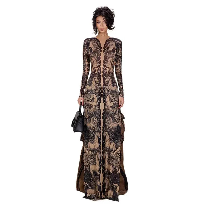 Mesh Maxi Top With High Collar Plant Print Open Split And Sheer Overlay — Black | KIMLUD