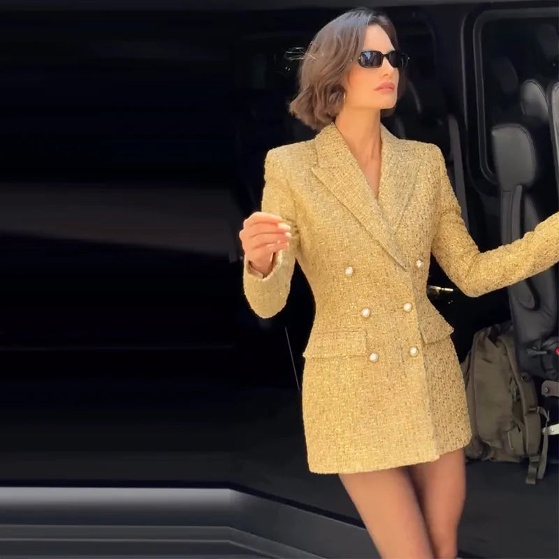 Sequin Paillette Blazer Coat Double Breasted Lapel Silhouette With Shiny Finish — Black | KIMLUD