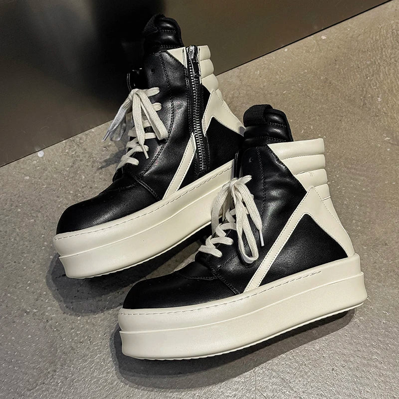 High Top Board Shoes – Side Zipper – Rubber Outsole – Black White | KIMLUD