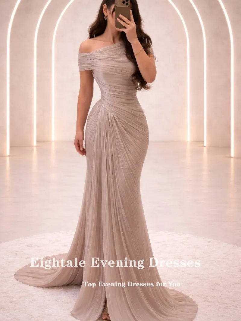 Mermaid Evening Dress – One Shoulder Pleats – Satin – Champagne | KIMLUD