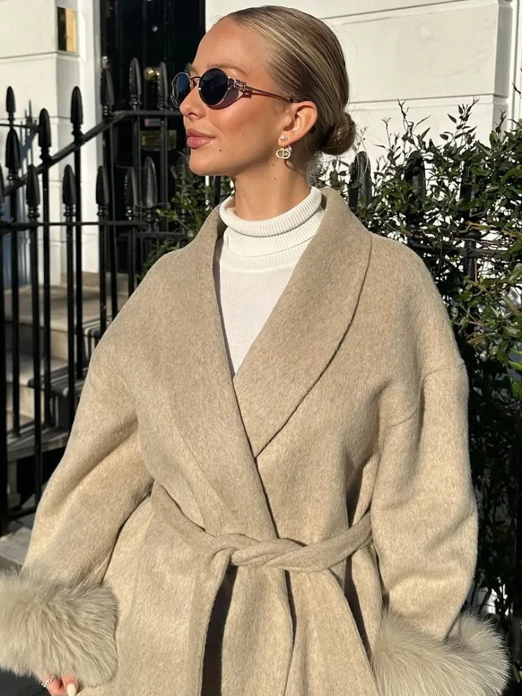 Elegant Fur Patchwork Woolen Coat Women Chic Full Sleeve V-neck Lace Up Loose Long Overcoat 2025 Lady Winter Commute Outwear