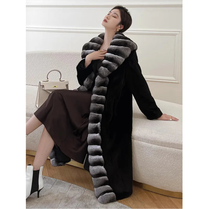 Long Faux Fur Coat Women Autumn Winter Large Jacket Overcoat White Turn Down Collar Pockets Thick Coat Warm Jackets Maxi Coats