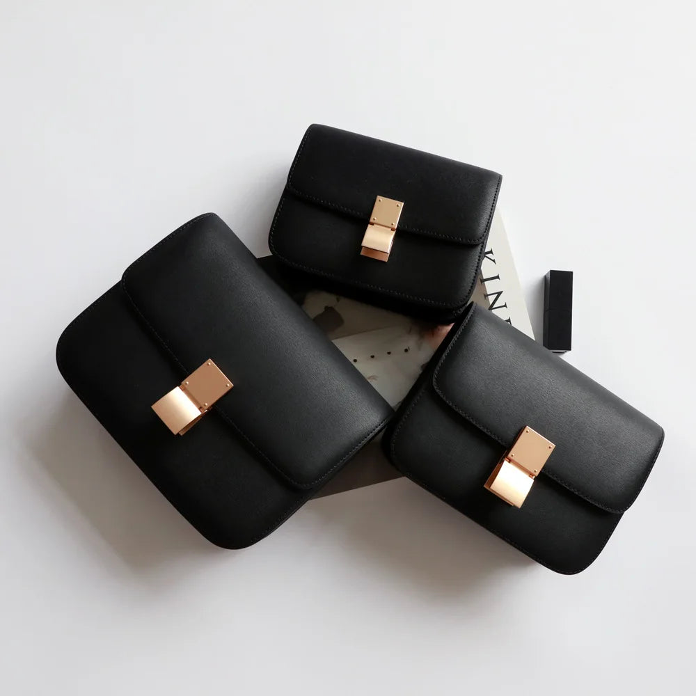 Split Leather Shoulder Bag Single Flap Lock — Black | KIMLUD