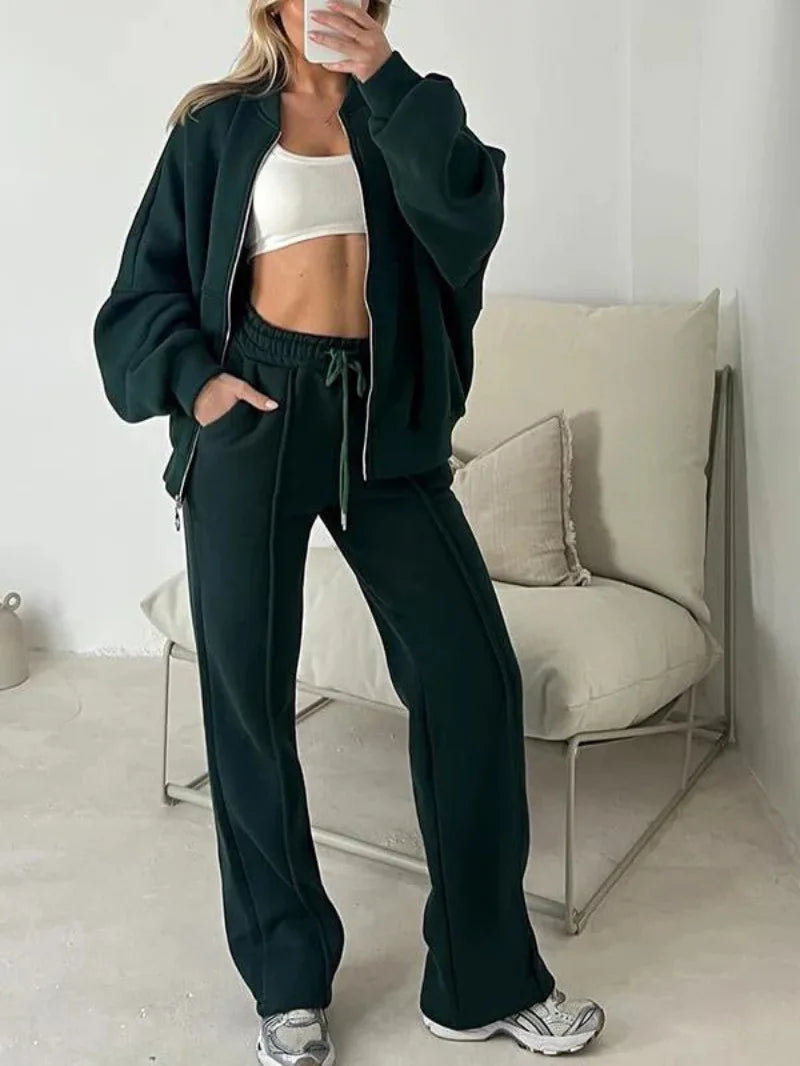 Two-Piece Tracksuit With Zip Sweatshirt And Straight Pants — Olive | KIMLUD