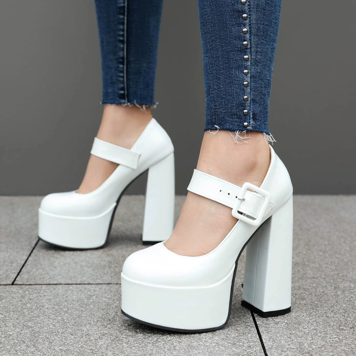 Mary Jane Platform Pumps – Buckle Strap – PU – Red | KIMLUD