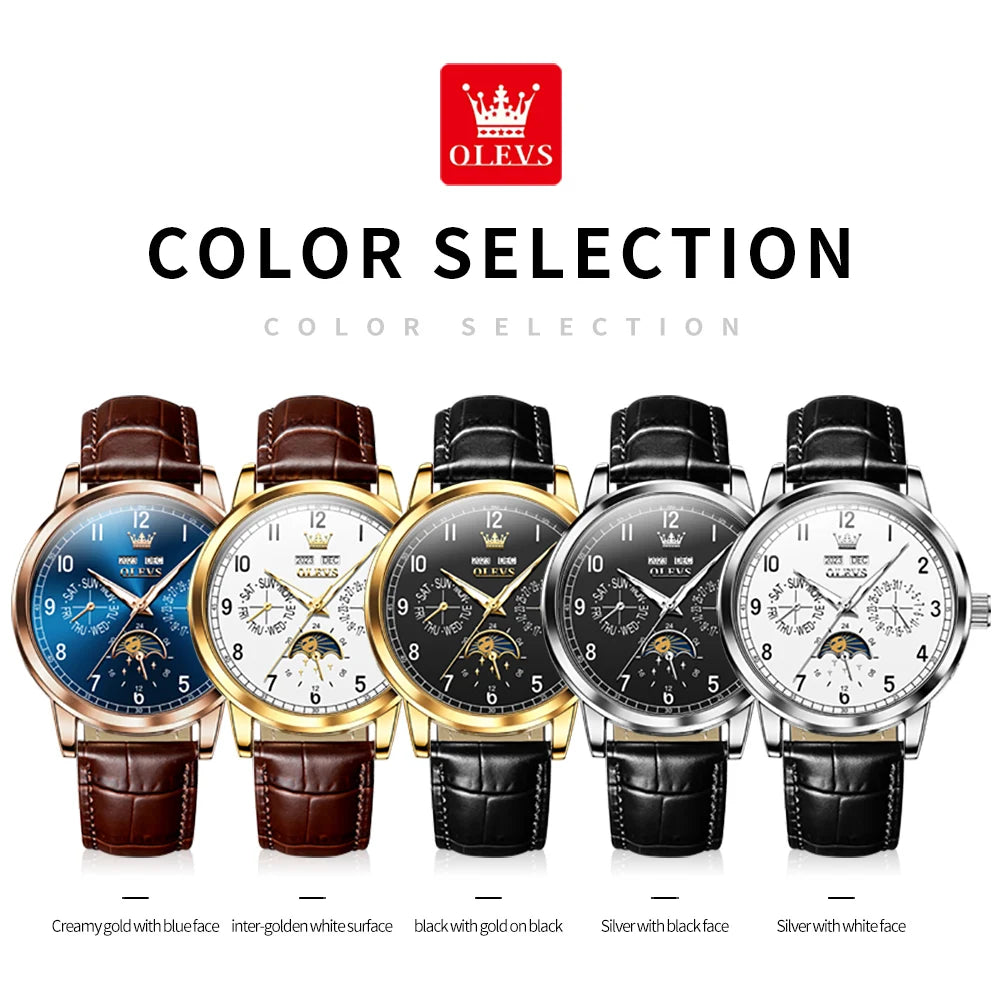 Leather Dress Watch Moon Phase Automatic — Black | KIMLUD