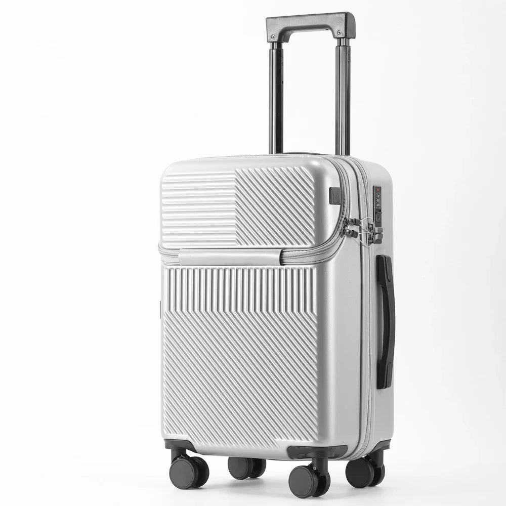 Polycarbonate Carry-On Luggage 20-Inch Lightweight With Cup Holder — Metallic Silver | KIMLUD