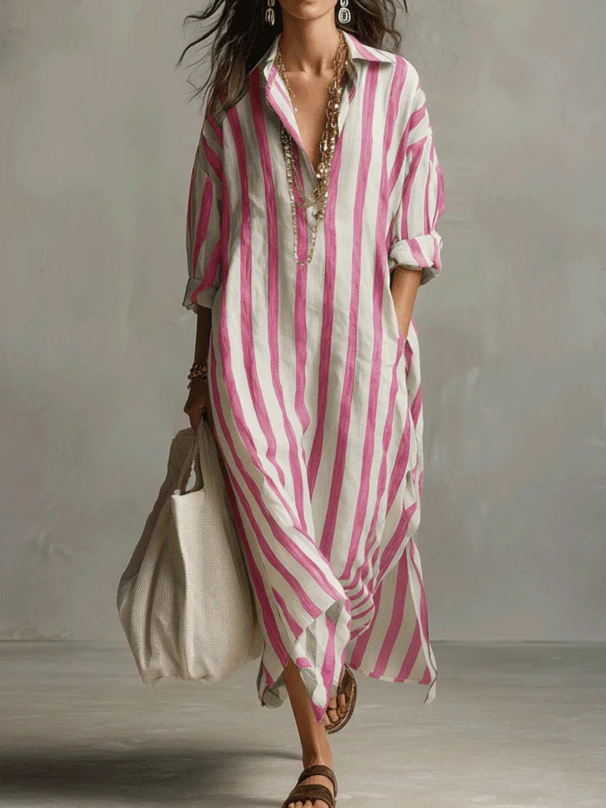 2026Spring Summer Casual Elegant Turn Down Collar  Breathable Dress For Women Party Dress Boho Striped Printed Loose Beach