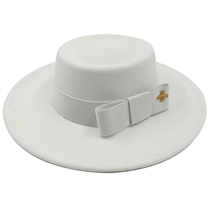 Wholesale Fedora hats Winter round concave convex surface flat top bow elastic ribbon men&#39;s and women&#39;s felt jazz hats Fedora - KIMLUD