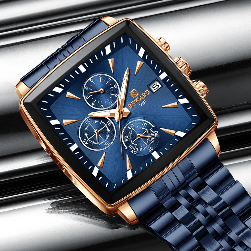 REWARD Fashion Square Dial Watch for Men Stainless Steel Waterproof Quartz Chronograph Mens Watches Luxury Sport Male Clock