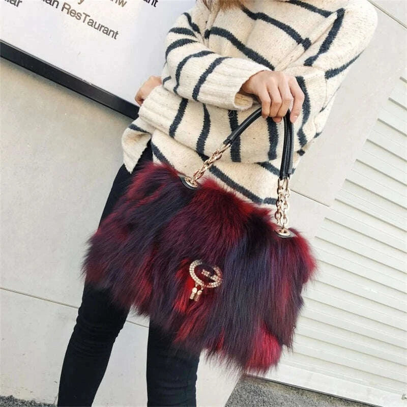 KIMLUD, Fox Fur Women's Bag Fashion Large Capacity Furry Women's Handbag Designer Luxury Bag Handheld Crossbody High End Furry Bags Big, KIMLUD Womens Clothes