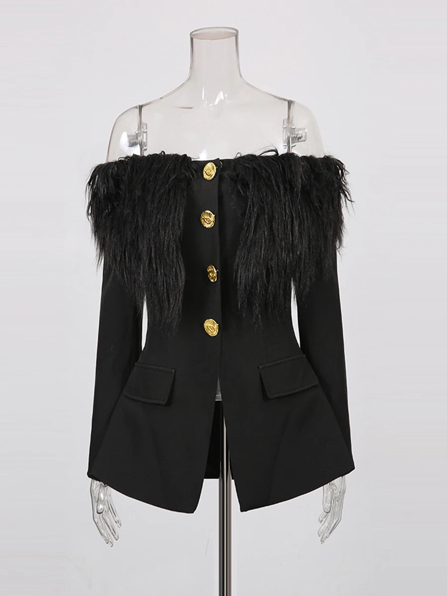 Sculpted Faux Fur Patchwork Slash-Neck Gold-Button Jacket — Black | KIMLUD