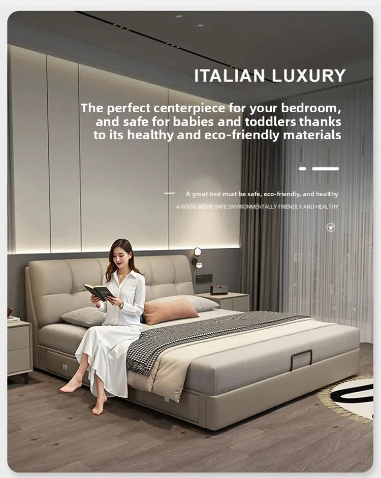 Modern Minimalism Genuine Napa Leather Bed With Built-In Storage Drawers — Beige | KIMLUD