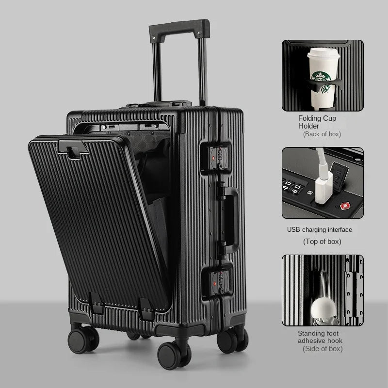 New Suitcase Front Opening Laptop Bag Aluminum  Frame Luggage with USB Port Password Trolley Case Travel Suitcases 20-28 inch