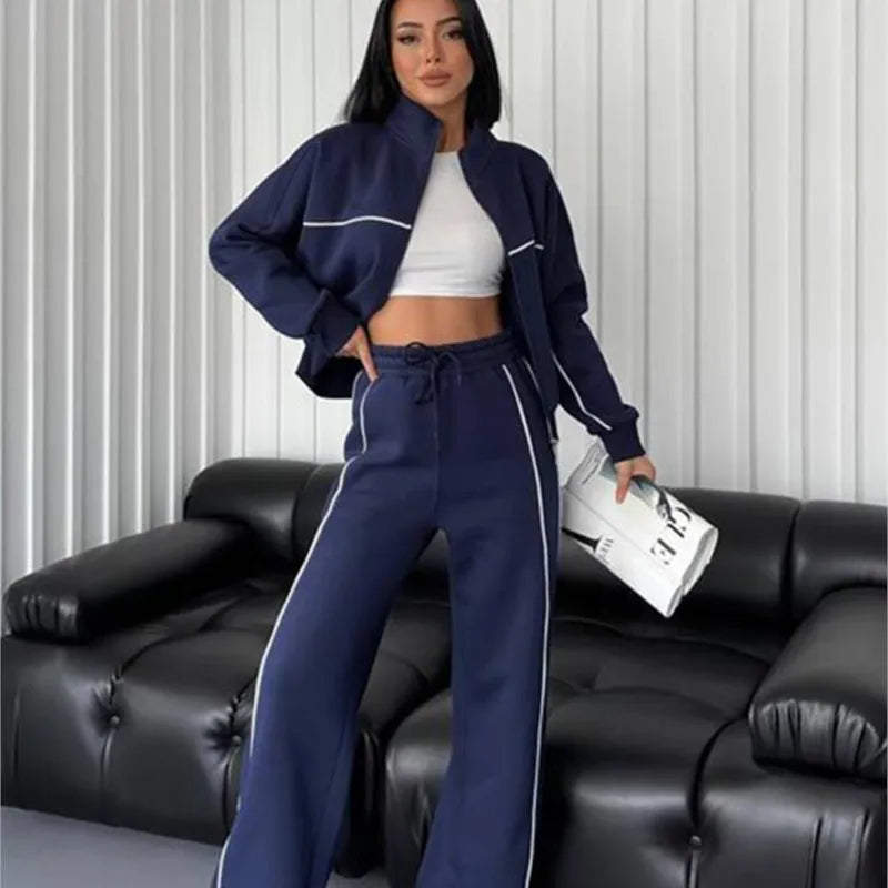 Two-Piece Tracksuit Cardigan Sweater And Trousers — Navy | KIMLUD