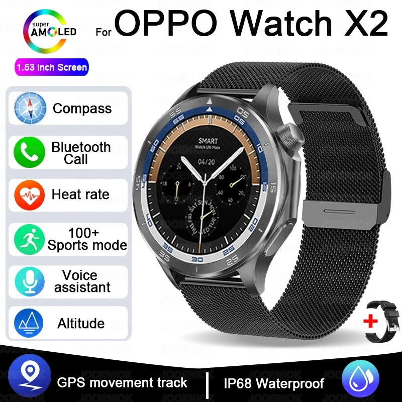 OPPO Watch X2 Latest Bluetooth Call Smartwatch Men GPS NFC Health Monitoring IP68 Waterproof Watch AMOLED HD Screen Smart Watch