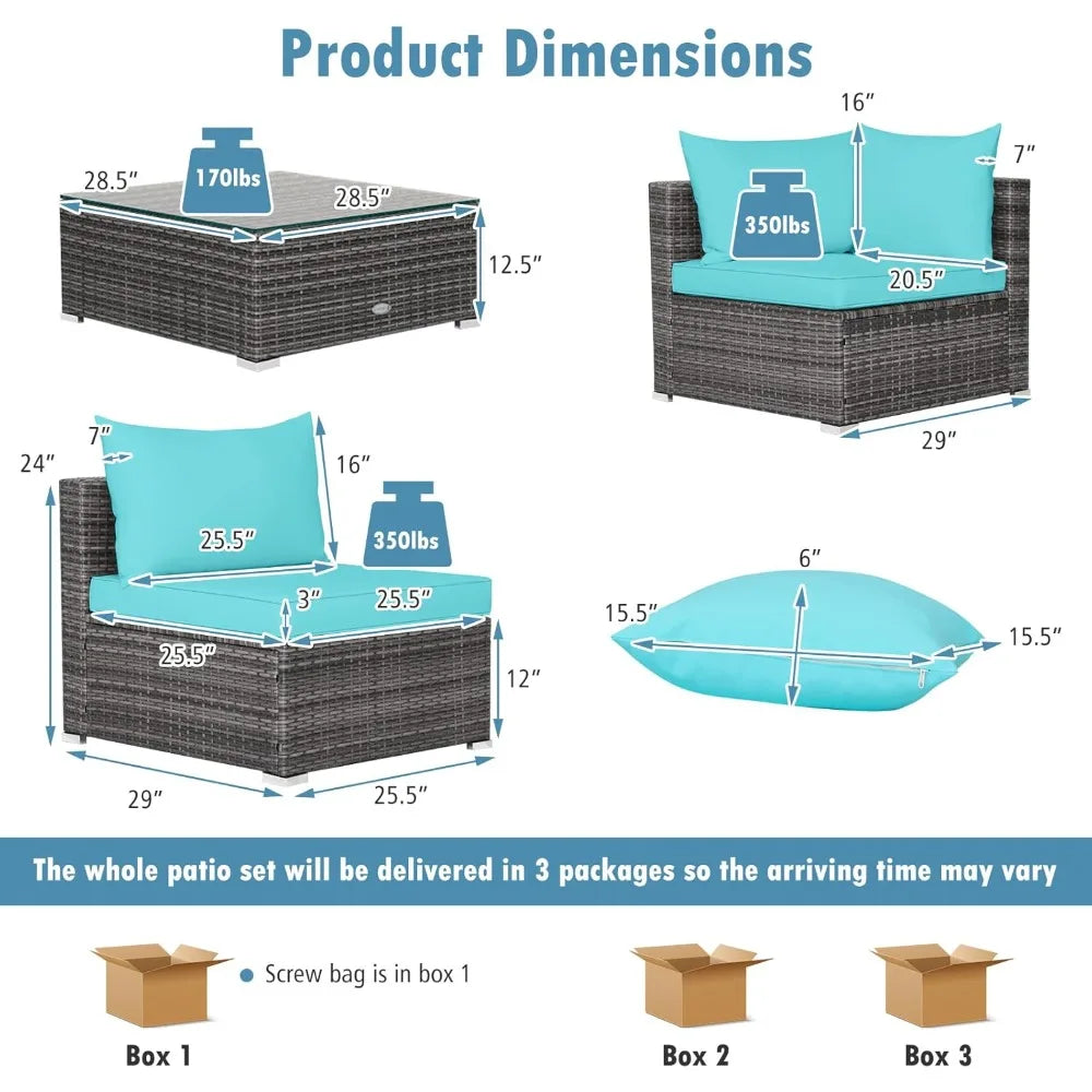 7 Pieces Patio Furniture Set, Patiojoy All-Weather Outdoor Rattan Sectional Sofa Set with Cushions and Tempered Glass Coffee Ta
