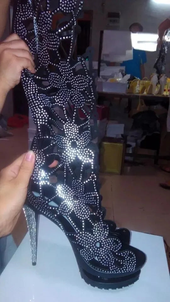 Knee-High Boots – Rhinestone Embellishment – Hollow Out – | KIMLUD