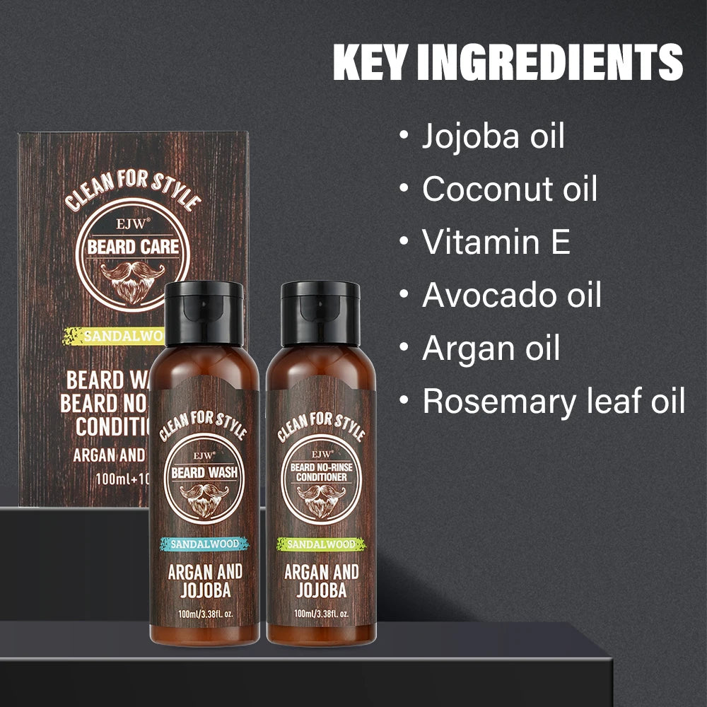 Beard Care Set, Sandalwood Beard Shampoo and Beard no-rinse conditioner- Softens & Strengthens Beard, with Argan and Jojoba Oil